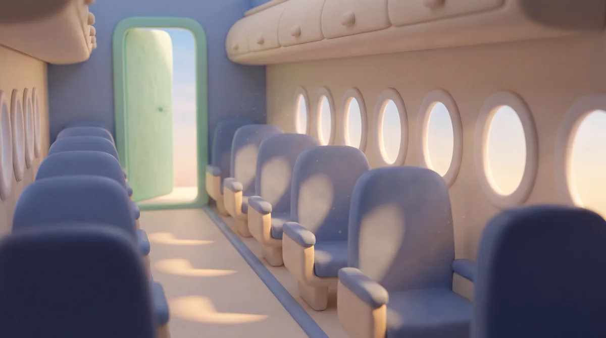 Pastel aircraft cabin with blue seats