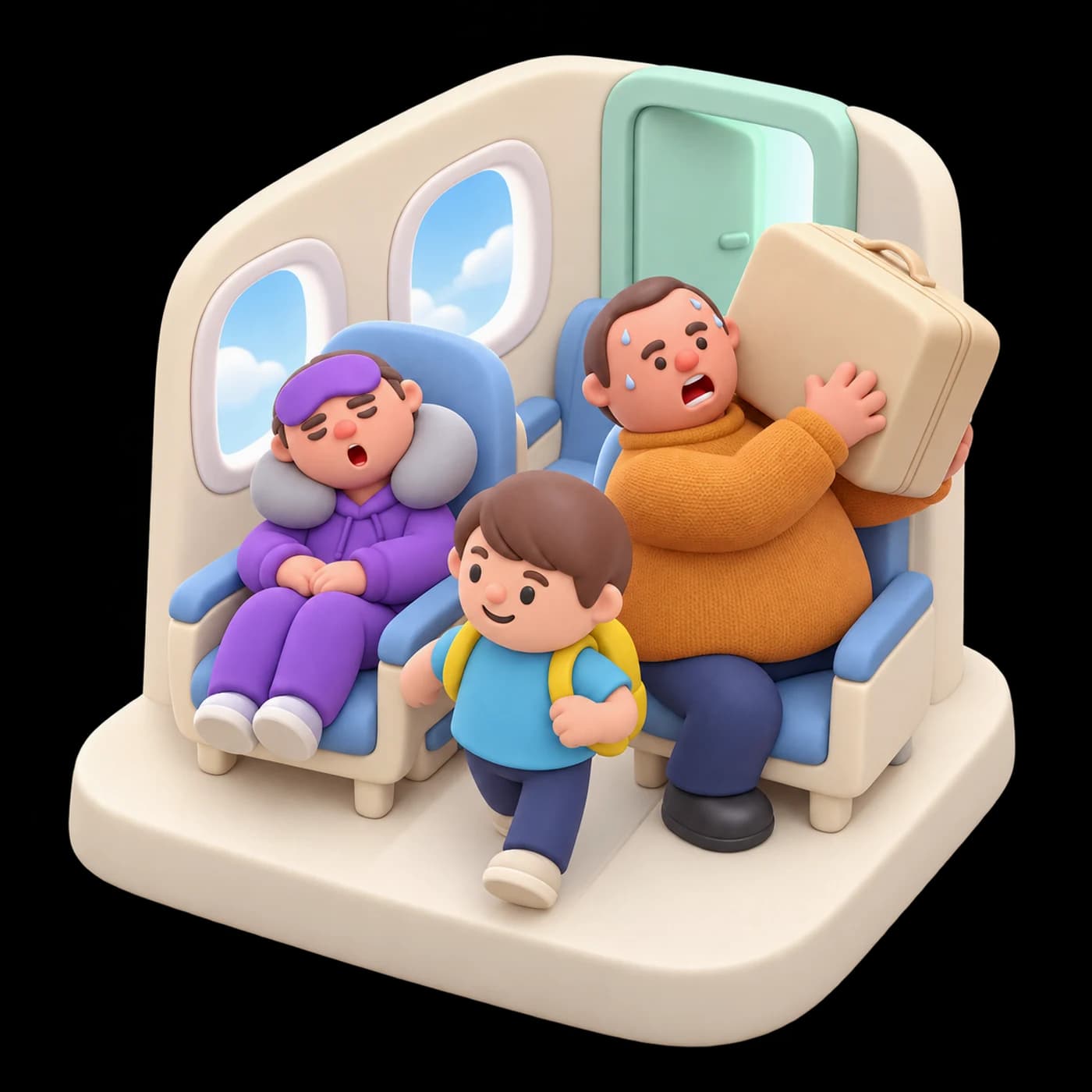 A miniature clay airplane cabin: Sam sleeps, Hank wrestles with his suitcase, and a little passenger squeezes through the aisle