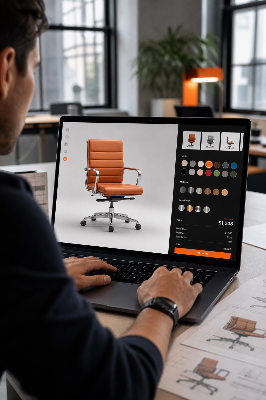 A 3D product configurator running in a browser, showing an office chair with colour, material and base-finish swatches alongside a live price breakdown
