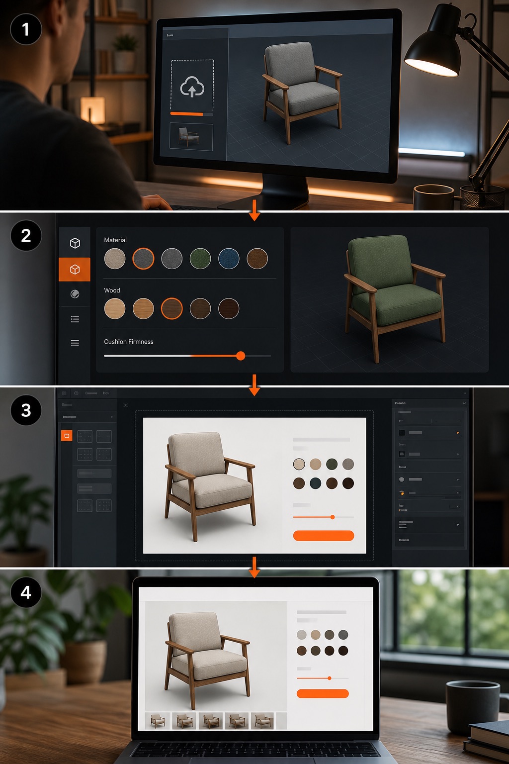The four stages of building a 3D product configurator: uploading the 3D model, defining material and option controls, embedding the configurator into the store page, and the finished configurator live on a product page