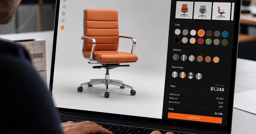 A 3D product configurator running in a browser, showing an office chair with colour, material and base-finish swatches alongside a live price breakdown
