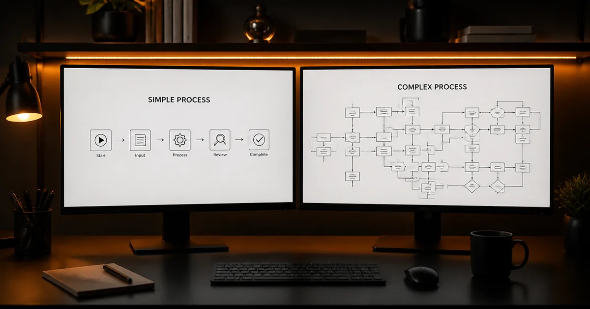 Two monitors comparing a linear automation flow and a branching autonomous agent loop in a dark studio