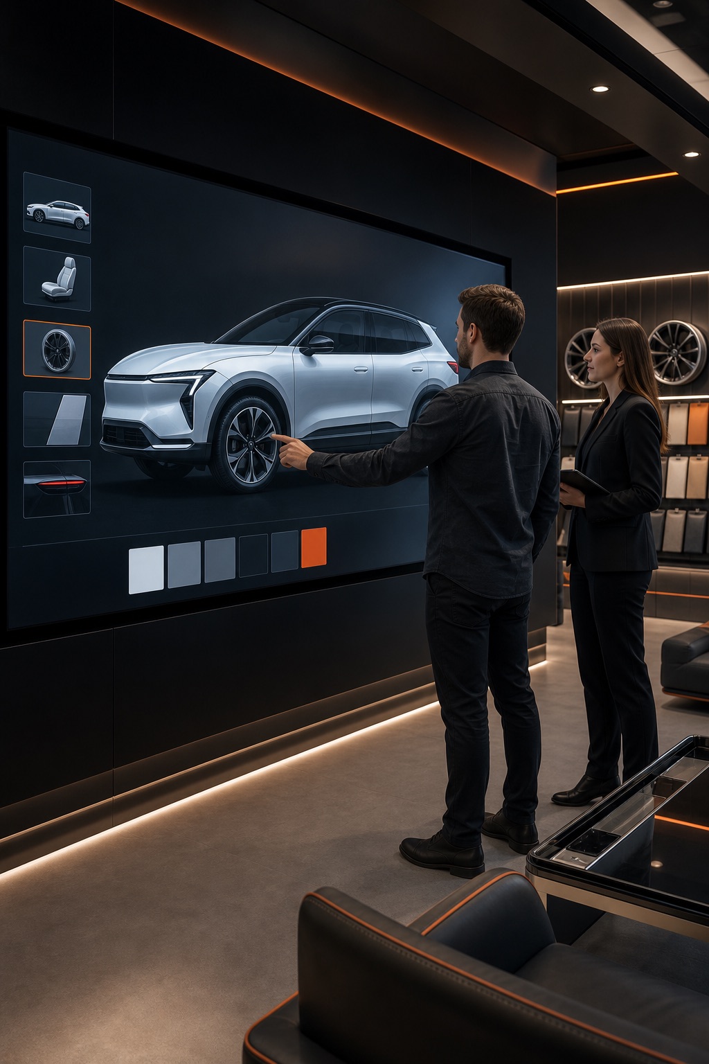 A 3D car configurator on a large showroom display, with a customer selecting wheel and paint options while a salesperson assists
