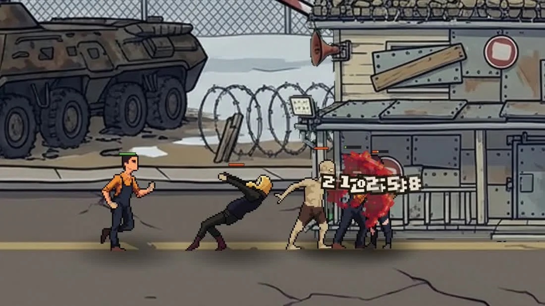 Dead Mile PvP arena: a squad pushes into zombies in front of a fortified checkpoint beside an armoured vehicle