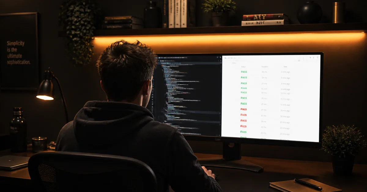 A developer building an AI agent pipeline, tool integrations and evaluation results on screen in a dark studio
