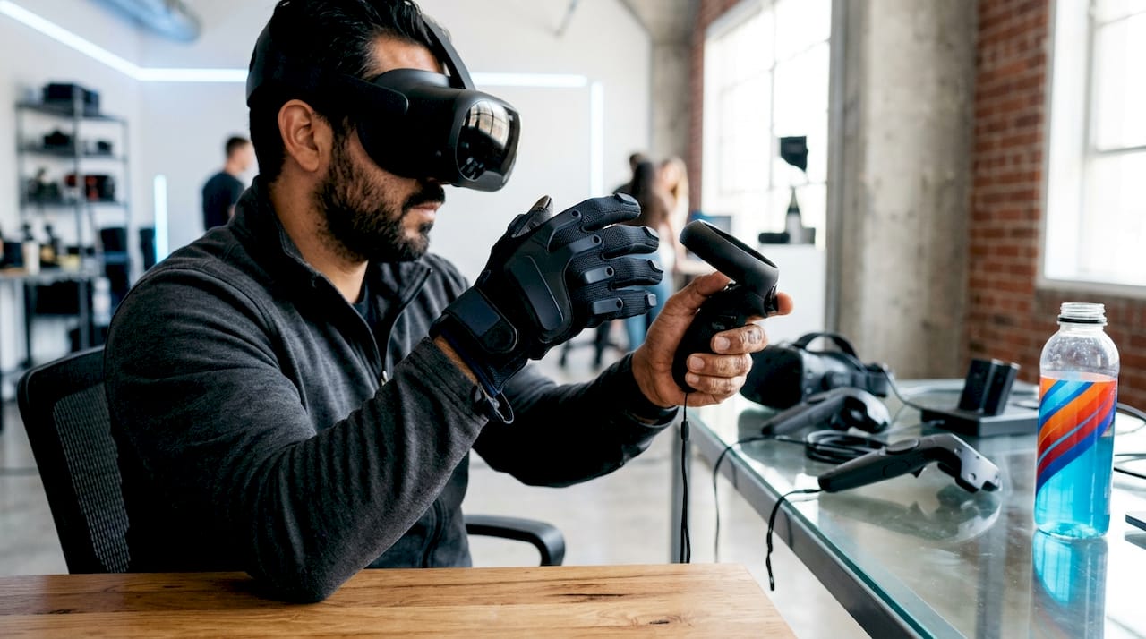 Hands operating VR training equipment