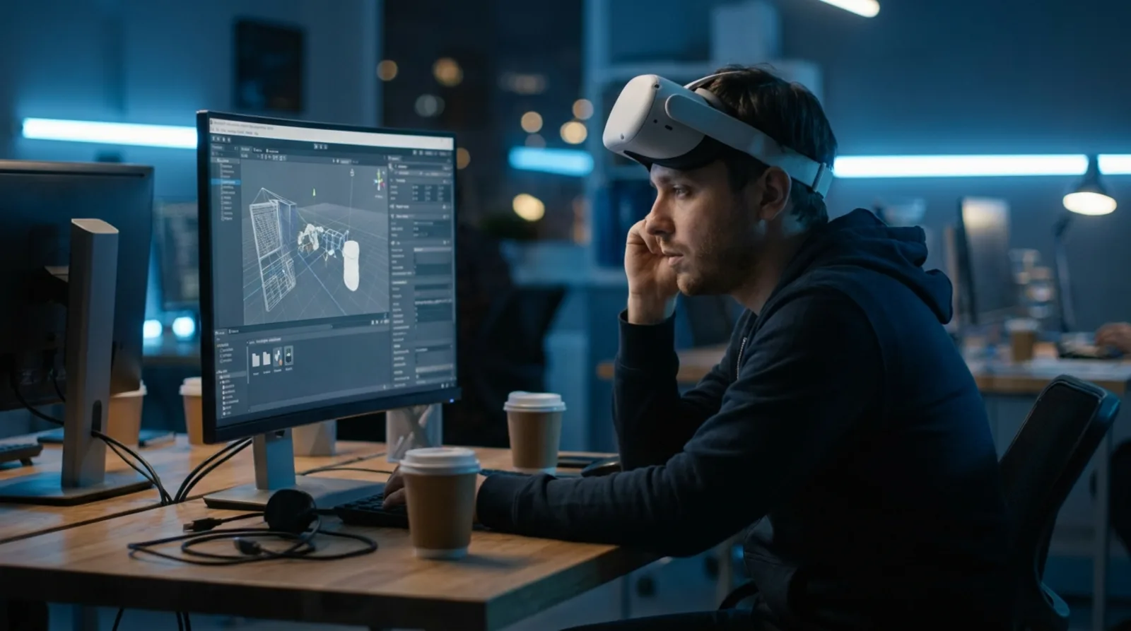Developer with a VR headset pushed up on their forehead working in a 3D engine editor on a desktop monitor