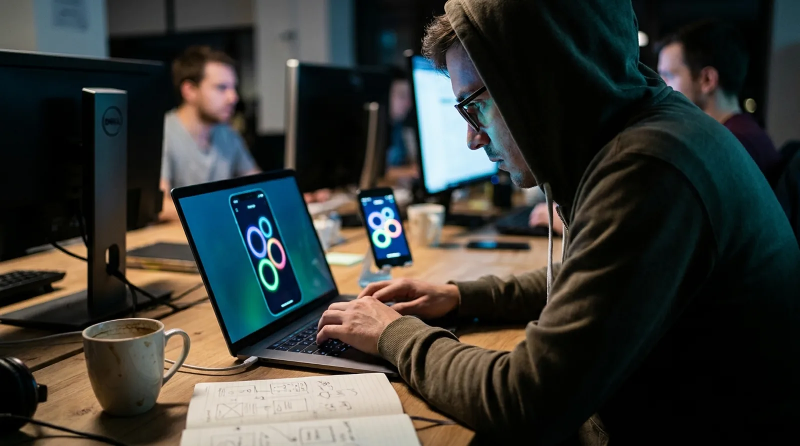 Focused developer at night building a mobile app with glowing ring interfaces visible on a laptop and phone
