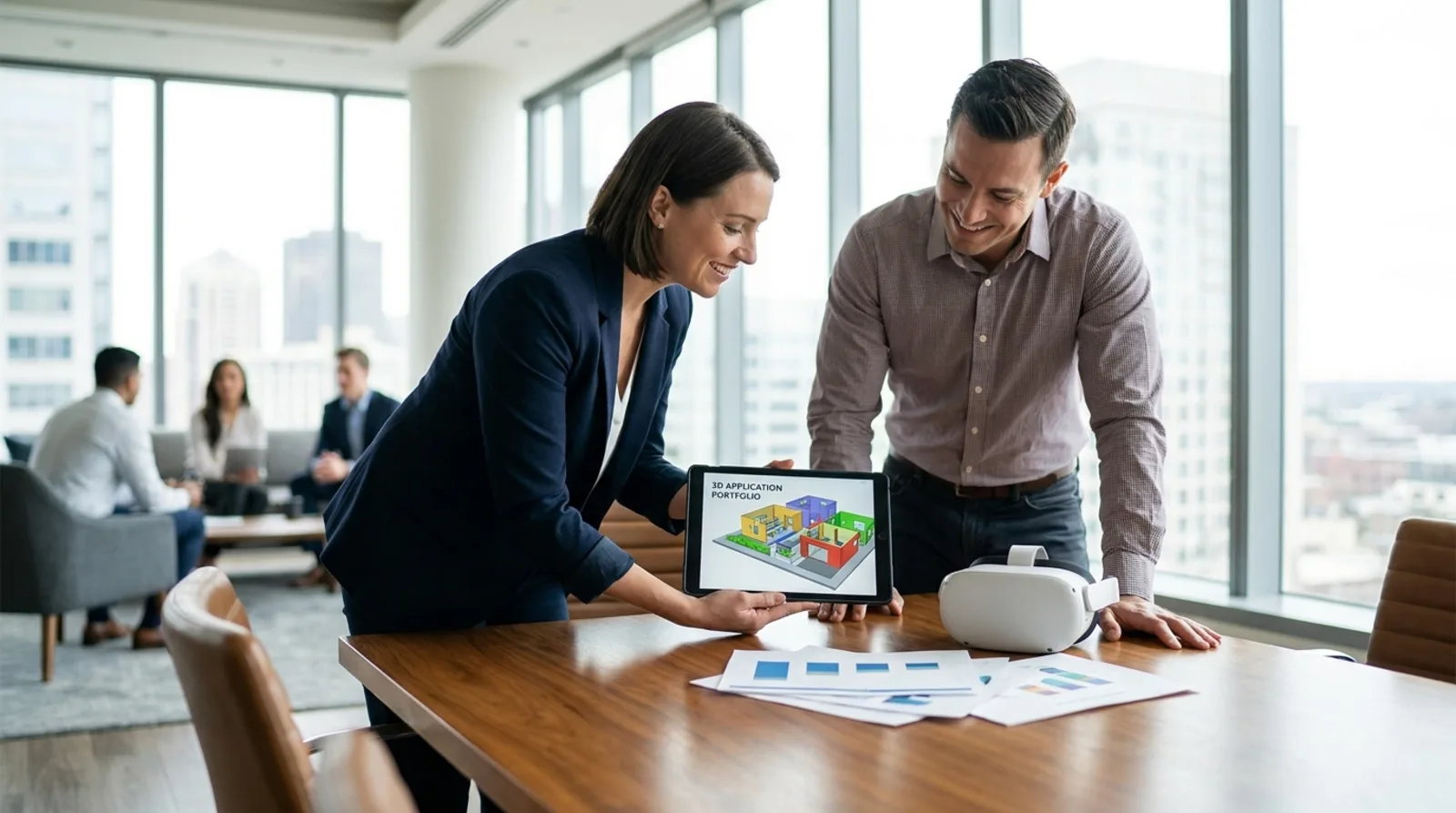 Two professionals in a meeting room reviewing a 3D application portfolio on a tablet with a VR headset on the table