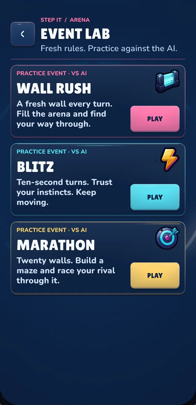 Event Lab screen: Wall Rush, Blitz and Marathon practice events
