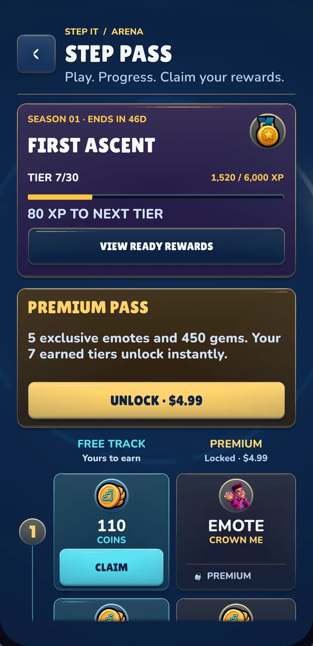 Step Pass screen for Season 1, First Ascent, with free and premium reward tracks