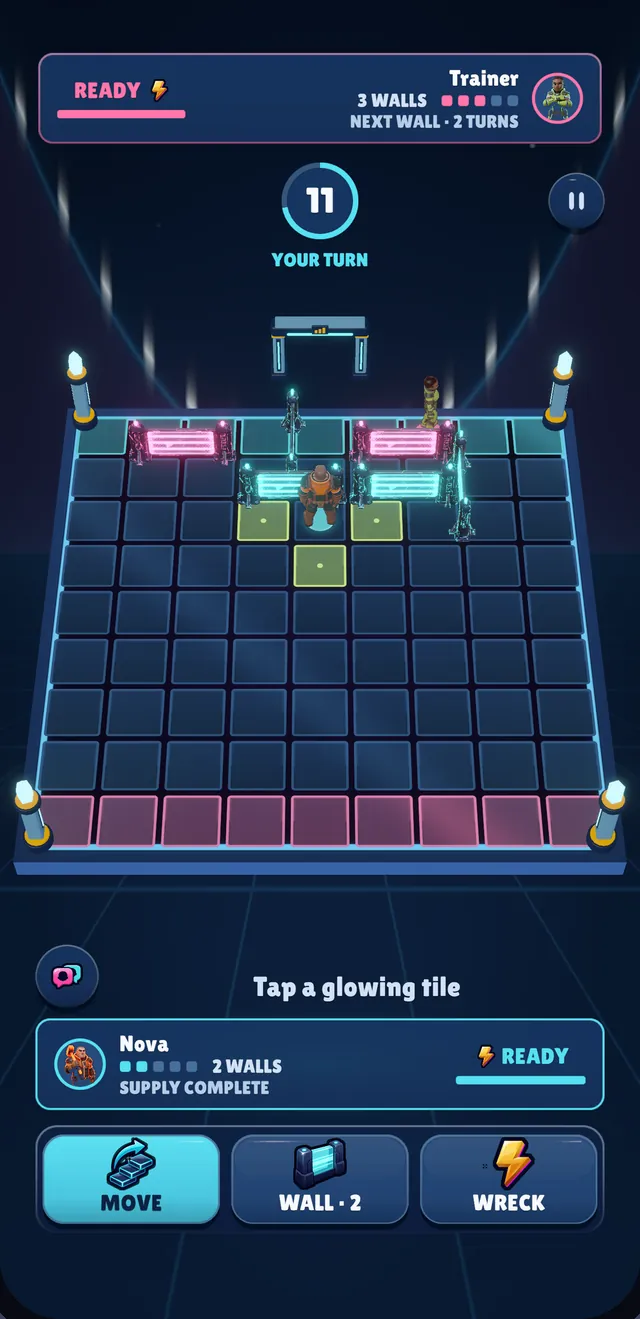Step It in-game capture: a match in progress, with Move, Wall and Wreck buttons