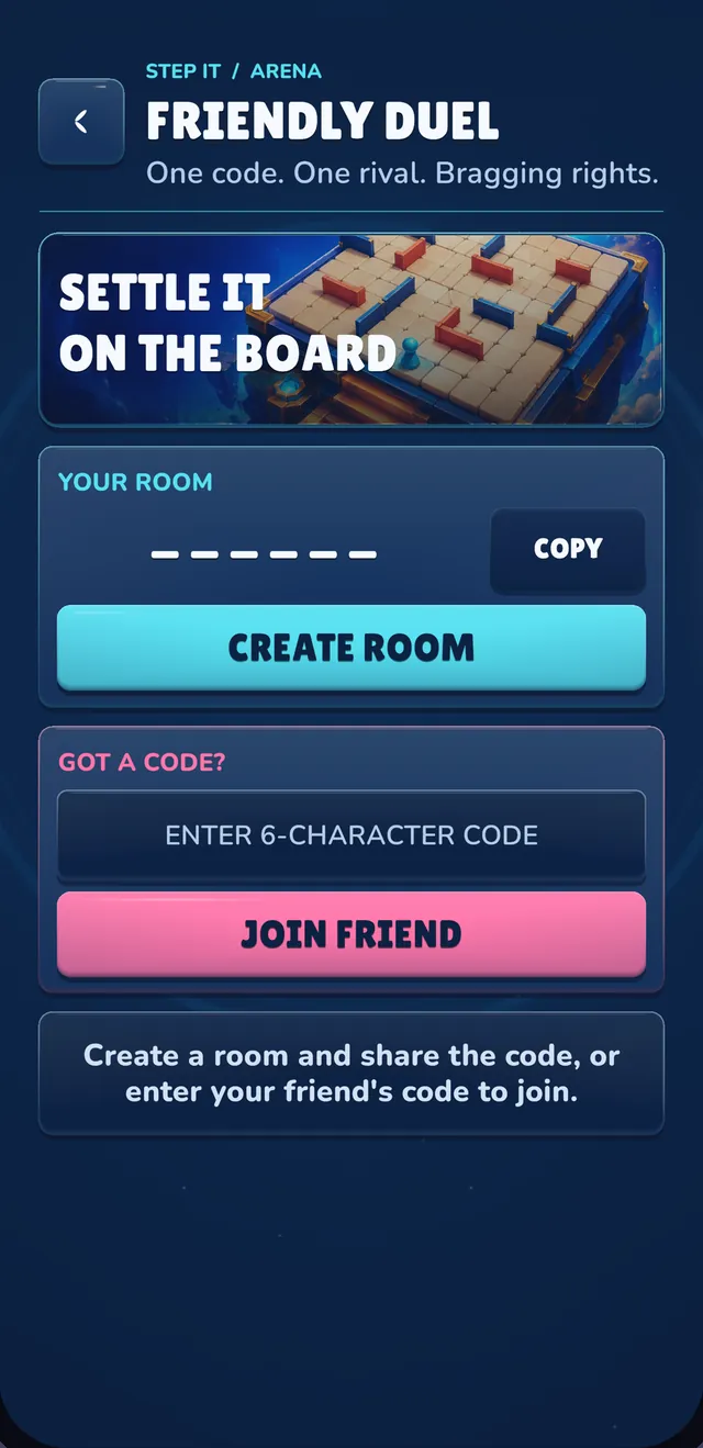 Friendly Duel screen: create a room or enter a friend’s six-character code