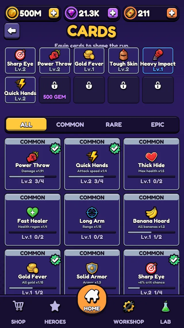 The card collection screen