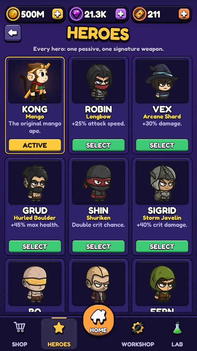 The heroes screen with Kong selected