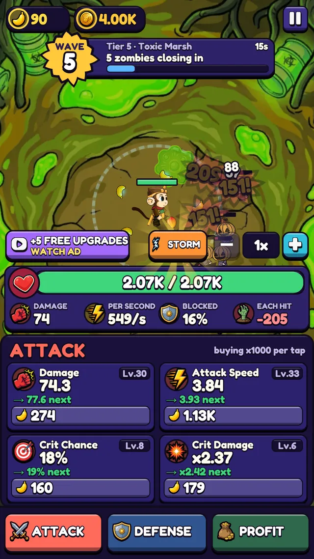 A run mid-wave, with the attack upgrades open below the arena