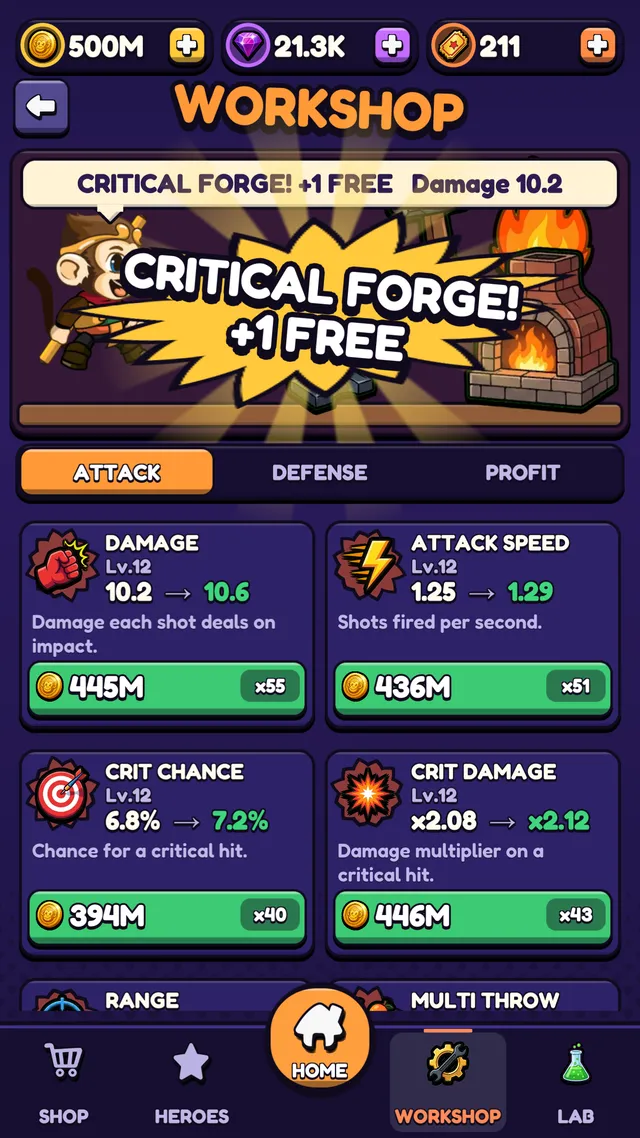 The workshop forge landing a critical forge for a free level
